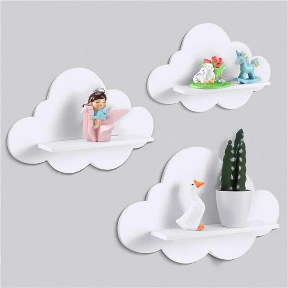 Set of 3 White Cloud Floating Shelves Wall Mounted Nursery Bedroom Bathroom Deco